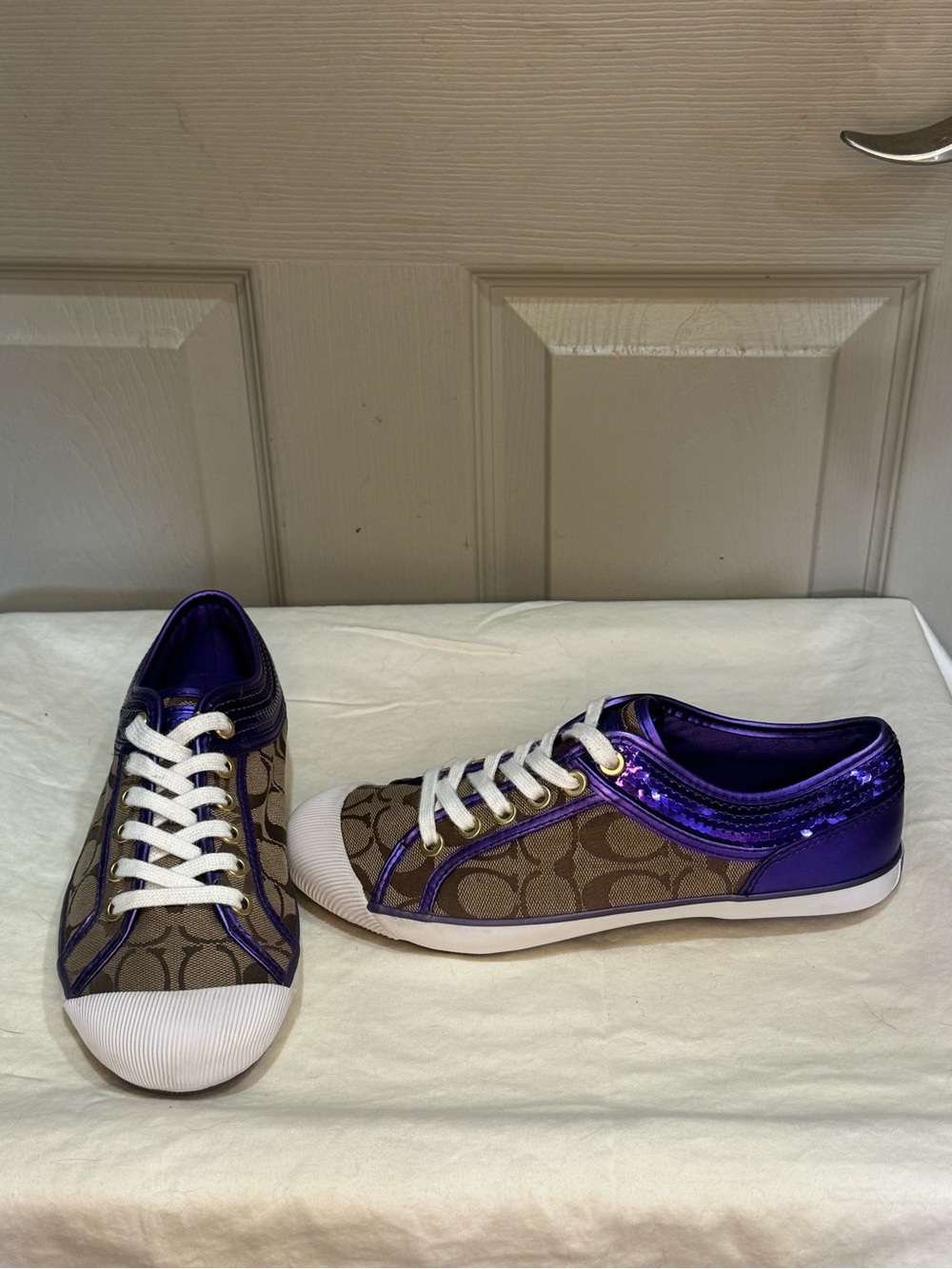 Coach Zorra Signature Canvas Sequin Purple Metallic Sneakers Shoes Women's 7.5